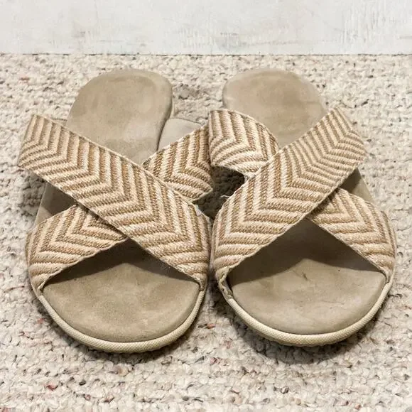 Women’s Sleek Bone Stripe Neutral Crisscross Comfortable Slide Sandals | 12W - Picture 2 of 9